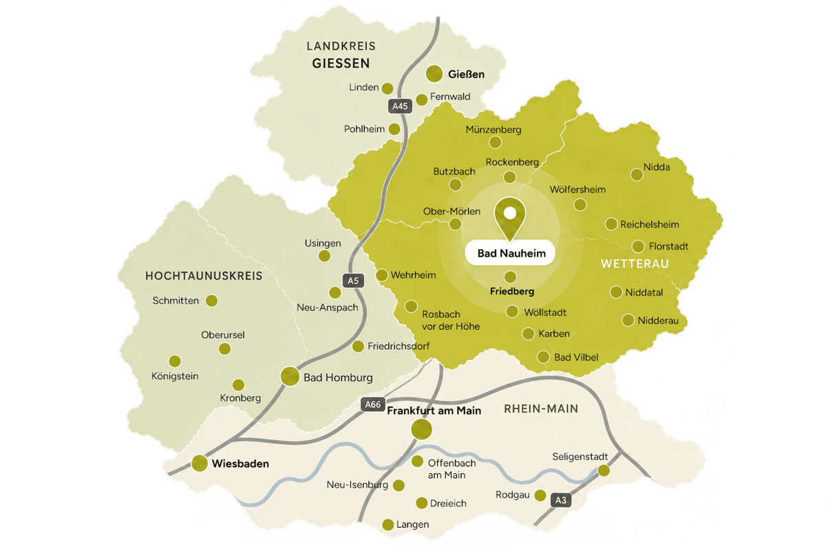 Unsere Region Landkarte der Region Wetterau mit Bad Nauheim, Friedberg, Hochtaunus, Landkreis Gießen, Rhein-Main-Gebiet sowie den umliegenden Städten und Gemeinden.